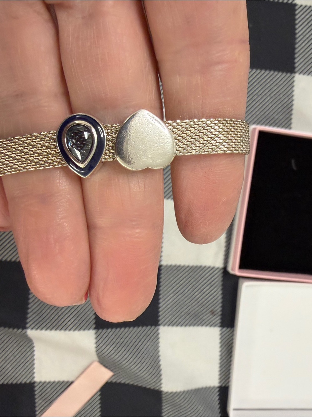 Pandora Silver Mesh Bracelet with chain, Heart and Teardrop Enamel Charm - Picture 1 of 8